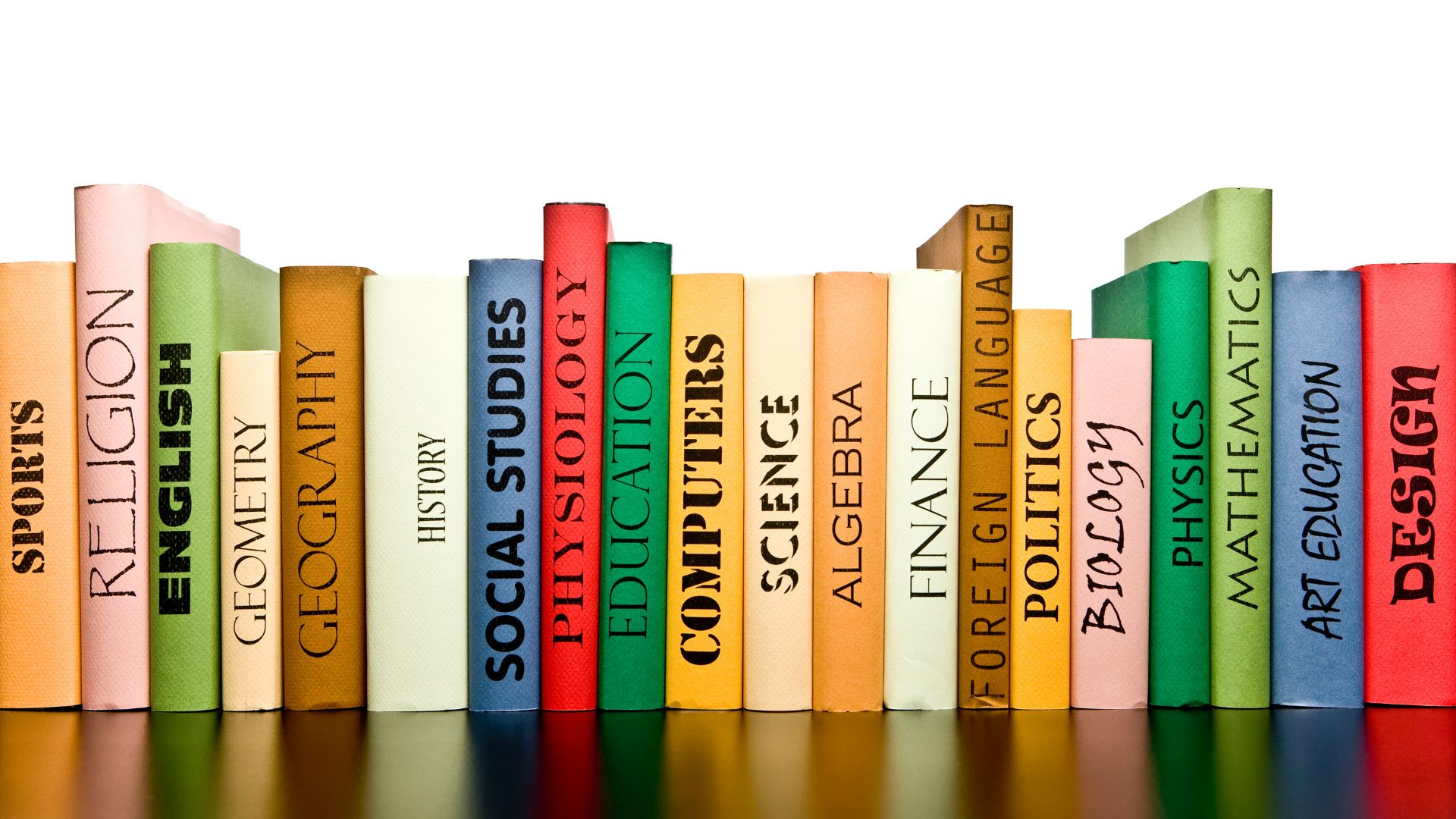 A shelf of many colorful books shows the different subjects of study